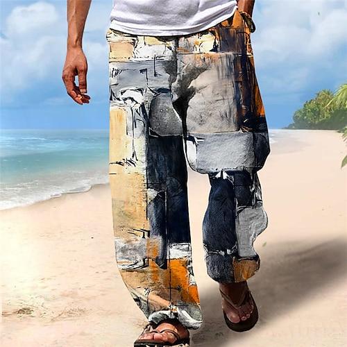 Herren Hose Hosen Sommerhosen Strandhose Kordelzug Elastische Taille 3D-Druck Farbblock Grafik-Drucke Geometrie Komfort Casual Täglich Festtage Strassenmode Hawaiianisch Gelb Blau