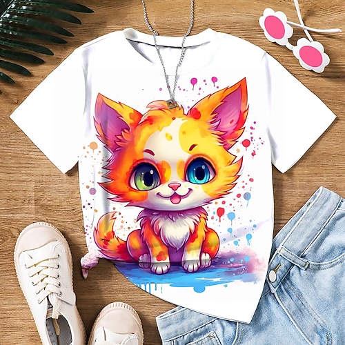 Mädchen 3D Graphic Karikatur Katze T-Shirt Kurzarm 3D-Druck Sommer Frühling Aktiv Modisch Kuschelig Polyester kinderkleidung 3-12 Jahre Outdoor Casual Täglich Regular Fit Image