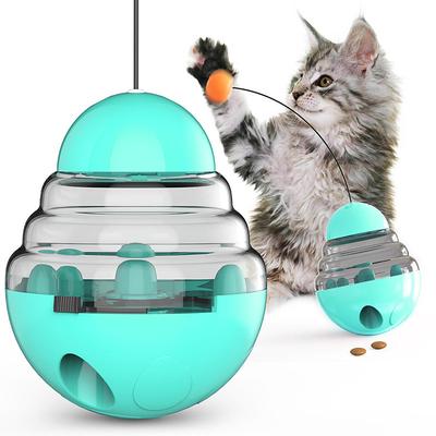 interactive funny cat toys, 3 in 1 treat feeder ball with automatic spinning tumbler, cat feather wand and food dispenser for kitten cat funny exercise chaser training (pink)