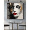 Hand Painted Woman Portrait Gold Textured Painting Handmade Girl Face Red Lips Wall Decor Living Room Office Wall Art Home Decor Stretched Frame Ready to Hang