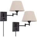Plug in Wall Sconce Set of 2 Swing Arm Wall Lamp with Plug in Cord and Fabric Shade Wall Light Fixtures for Hallway Bedroom Living Room (Beige Shade)