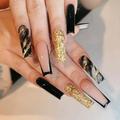 SHNWU Black Gold Foil Press on Nails Long Fake Nails Acrylic Ballet French Black Ink Gold Foil adhesive tape on Nails Design Nails for Women and Girls 24 Pcs