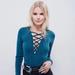 Free People Tops | Free People Blue Long Sleeve Deep V-Neck Lucky Lace Up Boho Top Shirt Size S | Color: Blue/Green | Size: S
