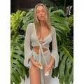 2023 Hollow Out Knitted Long sleeved Top and short Skirt 2 piece Set Outfits Women Elegant Summer