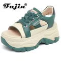Fujin 7.5cm Genuine Leathe Slippers Lace Up Hollow Multicolor Peep Toe Sandals Platform Wedge Ladies