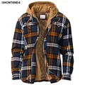 Men's Coat Quilted Lined Button Down Plaid Shirt Add Velvet To Keep Warm Jacket With Hood Winter