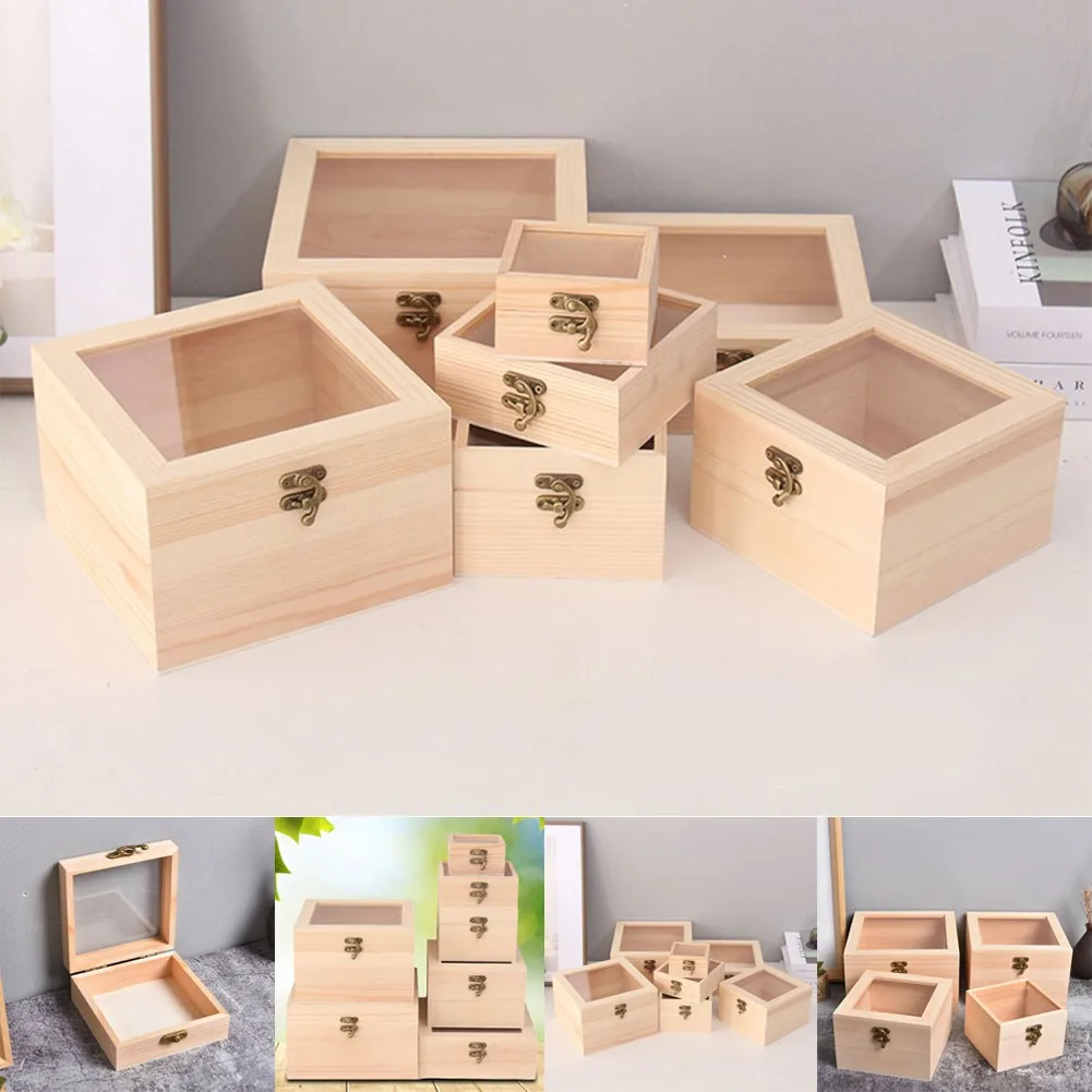 Quadratische Aufbewahrungsboxen aus Holz mit Scharnier, Basteln, Geschenk-Aufbewahrungsbehälter, Staub-Schmuckschatulle, Desktop-Organizer, Geschenkbox aus Holz