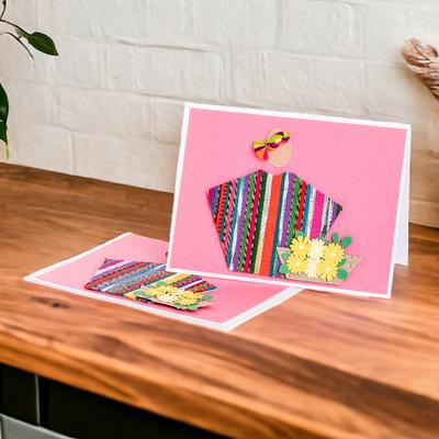 'Pair of Pink Greeting Cards with Hand-Woven Cotton Accents'