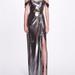 Marchesa Notte Metallic Cutout Off Shoulder Gown - Gunmetal - Grey - 12