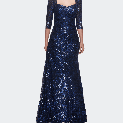 La Femme Floor Length Sequin Gown with Ruching and...