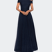 La Femme Tulle Off the Shoulder A-line Dress with Rhinestones - Blue - 16