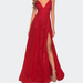 La Femme Tulle Prom Dress with Floral Detail and Side Slit - Red - 12