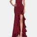 La Femme Ruffle Prom Dress With Scoop Neck and Lace Up Back - Red - 10