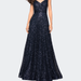 La Femme Sequin Empire Waist Prom Dress with V Back - Blue - 4