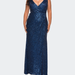 La Femme Sequin Plus Size Gown with Ruching and V-neck - Blue - 16W