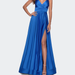 La Femme Elegant Satin Prom Gown with Empire Waist - Blue - 6