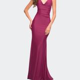 La Femme Luxe Simple Jersey Gown With Draped Neckline - Purple - 10