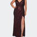 La Femme Sequin Plus Size Gown with Ruching and V-neck - Red - 16W