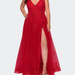 La Femme Plus Size A-line Tulle Dress with Floral Detailing - Red - 16W