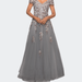 La Femme Short Sleeve A-line Gown with Beaded Lace Appliques - Grey - 12