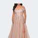 La Femme Off The Shoulder Tulle Plus Size Gown with Lace - Gold - 14W