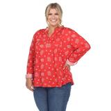 White Mark Plus Size Pleated Long Sleeve Leaf Print Blouse - Red - 2X