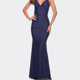 La Femme Luxe Simple Jersey Gown With Draped Neckline - Blue - 2