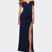 La Femme Off the Shoulder Fully Ruched Floor Length Gown - Blue - 6