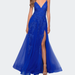 La Femme Tulle Prom Dress with Floral Detail and Side Slit - Blue - 14