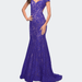 La Femme Lace Mermaid Gown with Cap Sleeves and Open Back - Blue - 2