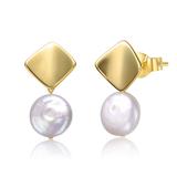 Genevive Sterling Silver 14k Yellow Gold Plated with White Coin Pearl Double Dangle Square Earrings - Gold - 30
