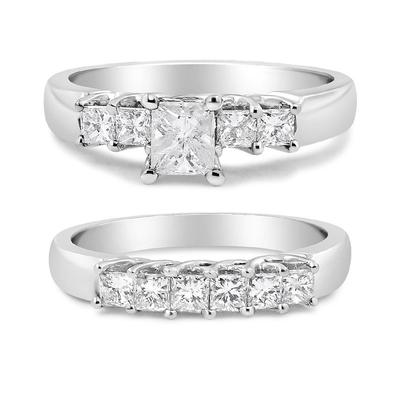 Haus of Brilliance 14K White Gold 1 1/2 Cttw 5 Stone Princess Diamond Engagement Wedding Ring Set - H-I Color, SI2-I1 Clarity - Ring Size 7 - White - 7