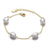 Genevive Sterling Silver 14k Yellow Gold Plated with Gray Pearl Station Bracelet w/ Adjustable Extension Chain - Gold - 7" + 1"