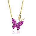 Genevive GV Sterling Silver 14k Yellow Gold Plated with Ruby Cubic Zirconia Double Butterfly Layering Necklace - Red - 18