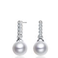 Genevive Sterling Silver With White Gold Plating With White Round Genuine Pearl With Clear Round Cubic Zirconia Drop Earrings - Grey