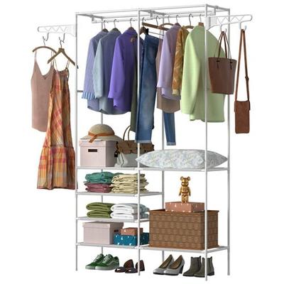 Fresh Fab Finds Metal Garment Rack Shoe Clothing Organizer Shelves Freestanding Multifunctional Clothes Wardrobe - White
