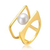 Genevive Genevive Sterling Silver 14k Gold Plated with White Freshwater Pearl Double Band Geometric Square Stacked Ring - Gold - 8