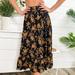 Anna-Kaci Gartered Floral Print Midi Skirt - Black
