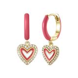 Rachel Glauber Children's 14k Gold Plated With Diamond Cubic Zirconia & Magenta-Red Enamel Halo Heart Dangle Charm Hoop Earrings - Gold