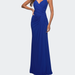 La Femme Net Jersey Long Ruched Gown With Slit And Open Back - Blue - 4