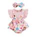 Calsunbaby Infant Girls Streetwear Set Fake Two Piece Suspender Bowknot Patchwork Donut Flower Printed Ruffle Triangle Romper with Headband