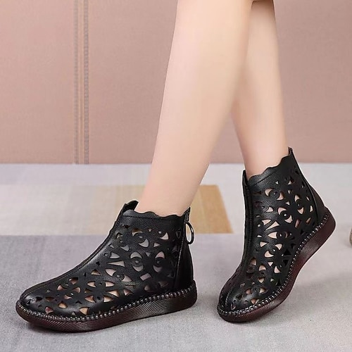 Weiße Damenstiefeletten mit Aussparungen – stylische Cutout-Lederstiefeletten mit weicher Sohle, lässige Vintage-Schuhe für Frühling Sommer Image