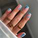 Short Press on Nails 24 pcs Square Fake Nails Nude Glossy Acrylic Nails Squoval Blue Stripes Artificial False Nails with Simple Wave Line Designs