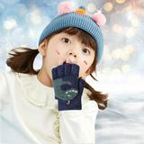 Dyfzdhu Convertible Flip Top Gloves Winter Wool Cashmere Dinosaur Half Finger Gloves With Mitten Cover For Toddler Kids Girls Boys Navy