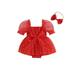 Qtinghua 2Pcs Newborn Baby Girls Christmas Outfits Short Puff Sleeve Romper Tulle Dress+Headband Clothes Red 0-3 Months