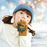 Dyfzdhu Convertible Flip Top Gloves Winter Wool Cashmere Dinosaur Half Finger Gloves With Mitten Cover For Toddler Kids Girls Boys Yellow