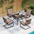 7PCS Outdoor Patio Dining Set 6 Spring Motion Chairs with Cushion 1 Rectangular Expandable Table Porch Lawn Backyard Garden Furniture Sets Beige