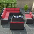 Outdoor Patio Furniture Set 12 Pieces Outdoor Furniture All Weather Patio Sectional Sofa PE Wicker Modular Conversation Sets with Coffee Table 10 Chairs & Seat Clips(Dark Blue)