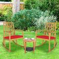 Costway 2 PCS Patio Rocking Chair Acacia Wood Armrest Cushioned Sofa Garden Deck Red