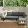 Furvclv Aluminum Patio Furniture Set Outdoor L-Shaped Sectional Sofa With Plastic Wood Side Table And Soft Cushion Sectional Chat Sofa For Patio Porch Backyard Balcony Deck Poolside